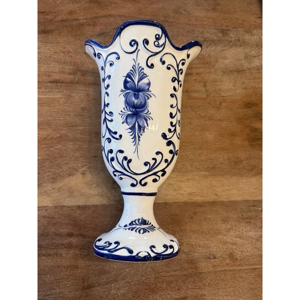 Vintage Hand-Painted Portuguese Blue & White Vase by RCCL Portugal